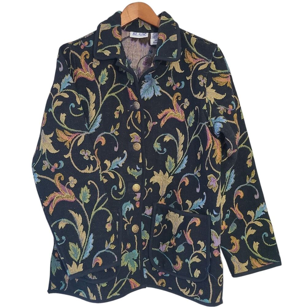 Vintage Blair Women's Tapestry Black Pastel Florals Jacket Medium